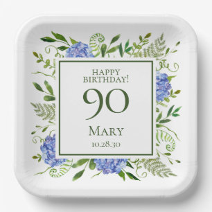 90th Birthday Blue Hydrangeas Paper Plates