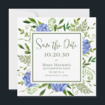 90th Birthday Blue Hydrangeas Save The Date<br><div class="desc">This stunning blue hydrangeas 90th birthday party save the date card is perfect for letting guests know to set aside the date of your or your loved one's birthday celebration. With its watercolor multi-hued blue hydrangeas, wispy natural greenery, and coordinating blue striped back it is ideal for celebrating your mom,...</div>