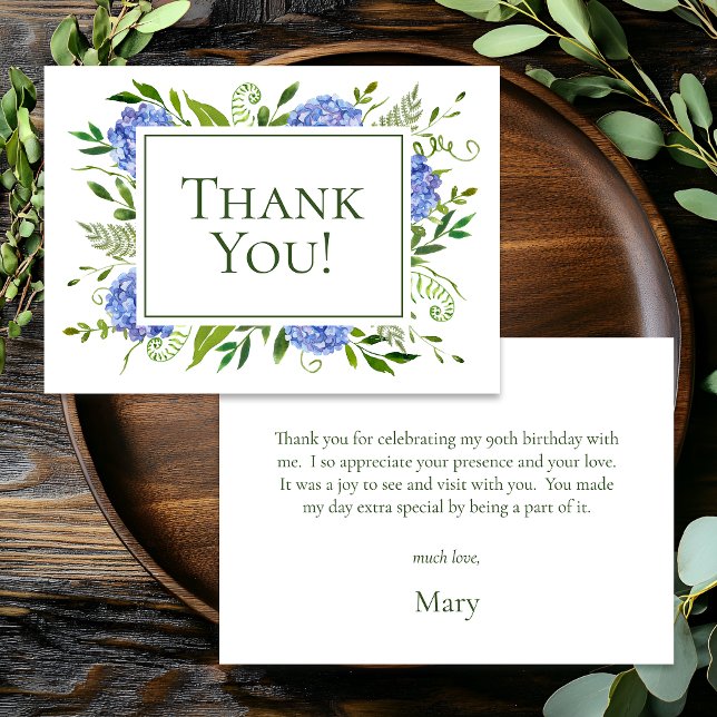 90th Birthday Blue Hydrangeas Thank You Card (Creator Uploaded)