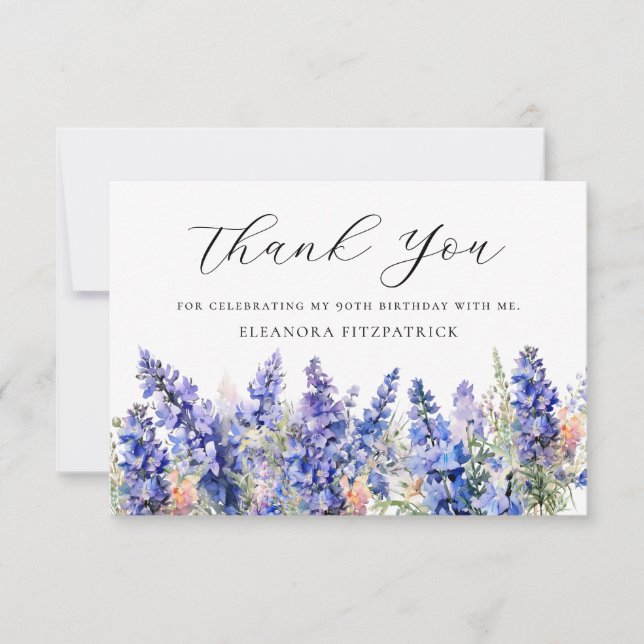90th Birthday Blue July Birth Flower Custom Flat Thank You Card (Front)