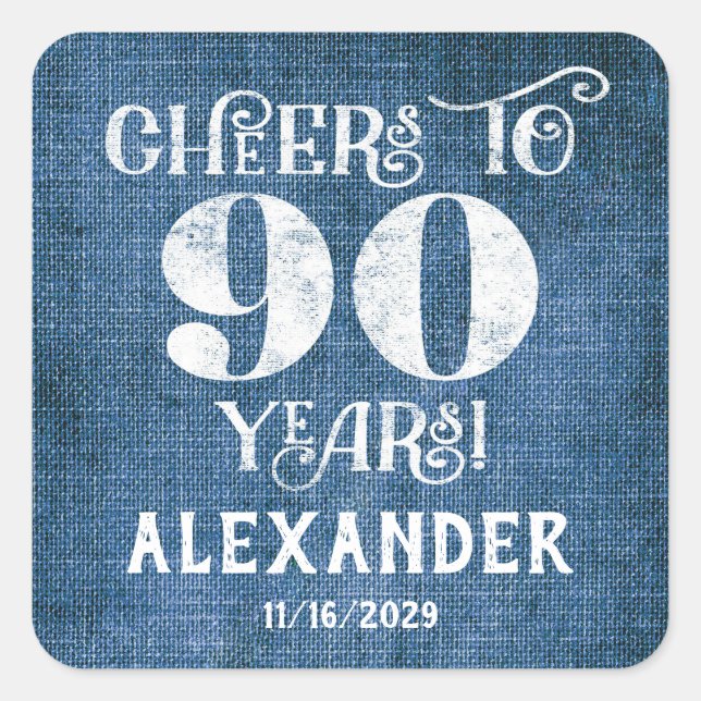90th Birthday Blue Linen Thank You Favor Stickers (Front)