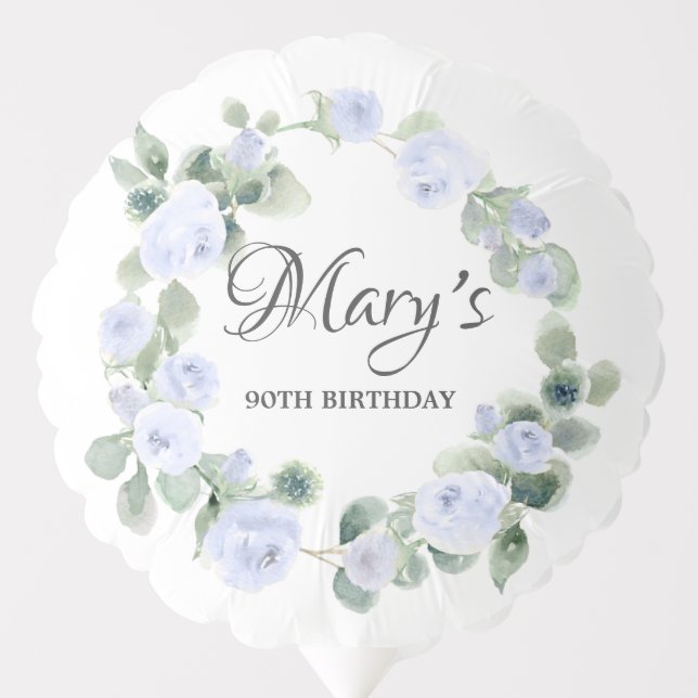 90th Birthday Blue Rose Floral Eucalyptus Wreath Balloon (Front)
