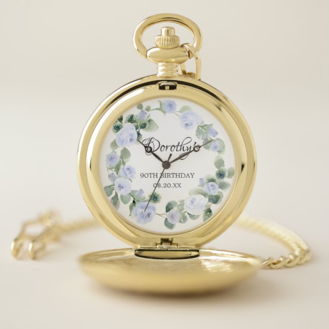 90th Birthday Blue Rose Floral Eucalyptus Wreath Pocket Watch (Inside)