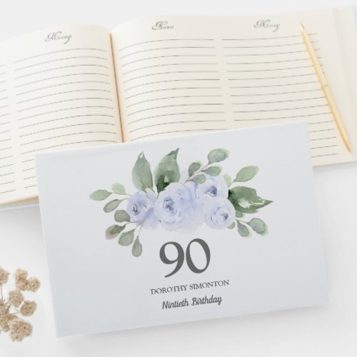 90th Birthday Blue Rose Floral Guest Book