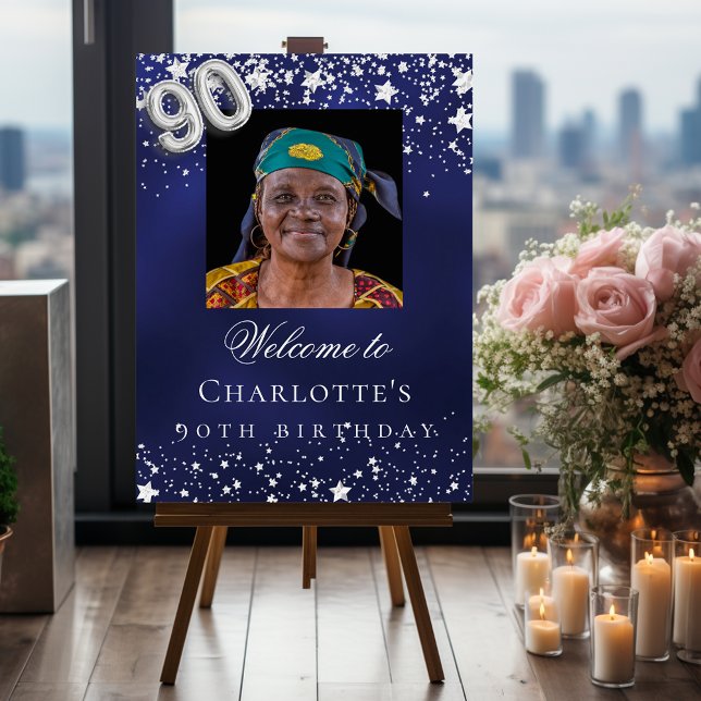 90th Birthday blue silver stars photo welcome Foam Board (Creator Uploaded)