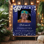 90th Birthday blue silver stars photo welcome Poster<br><div class="desc">A welcome poster for a 90th birthday party.  A navy blue background with elegant faux silver stars. The blue color is uneven.  Personalize and add a photo,  name and text.  White letters.</div>