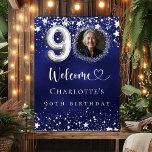 90th Birthday blue silver stars photo welcome Poster<br><div class="desc">A welcome poster for a 90th birthday party.  A navy blue background with elegant faux silver stars. The blue color is uneven.  Personalize and add a photo,  name and text.  White letters.</div>
