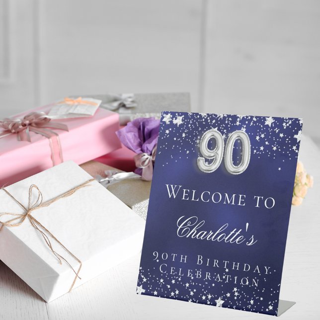 90th Birthday blue silver stars welcome party Pedestal Sign (Creator Uploaded)