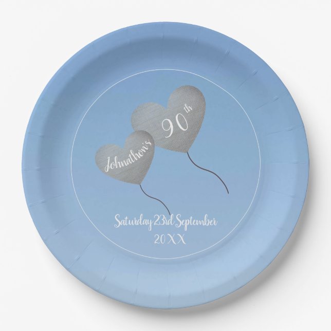 90th birthday blue sky & silver balloon paper plates (Front)