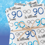 90th birthday Blue themed Custom Age Name Wrapping Paper Sheets<br><div class="desc">90th birthday Gift Wrap on a set of 3 sheets. Personalized two-toned Blue and Black text pattern on a white background can be edited for the Birthday honoree's Name and any Age.</div>