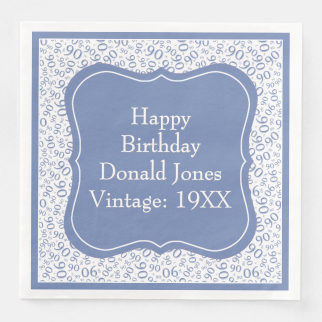 90th Birthday Blue/White Bracket Number Pattern Paper Dinner Napkins (Front)