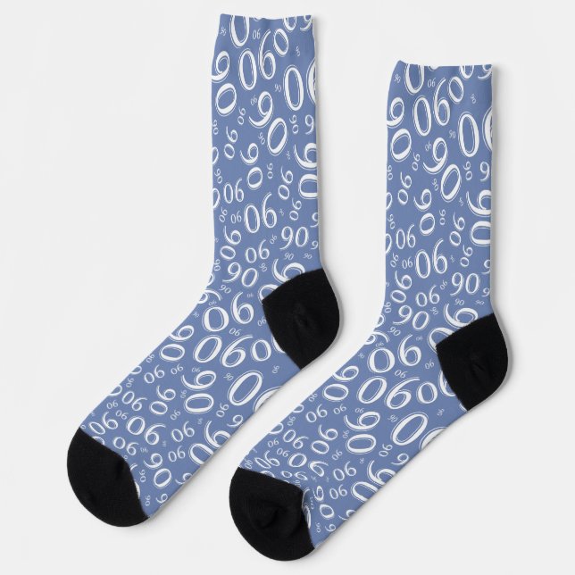 90th Birthday Blue/White Random Number Pattern 90 Socks (Left)