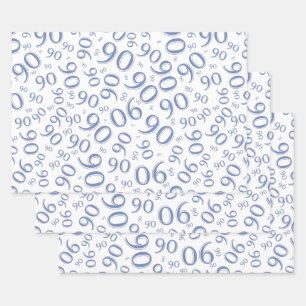 90th Birthday Blue & White Random Number Pattern Wrapping Paper Sheets