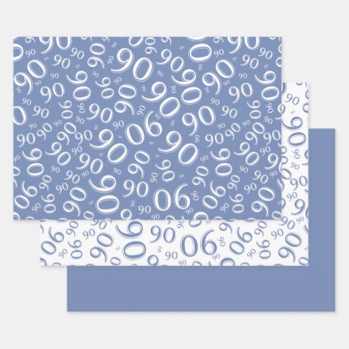 90th Birthday Blue  White Random Number Pattern Wrapping Paper Sheets