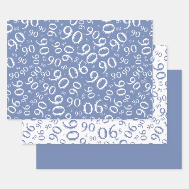 90th Birthday Blue & White Random Number Pattern Wrapping Paper Sheets (Set)