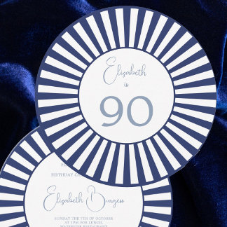 90TH Birthday Blue White Stripe Stylish Round  Invitation