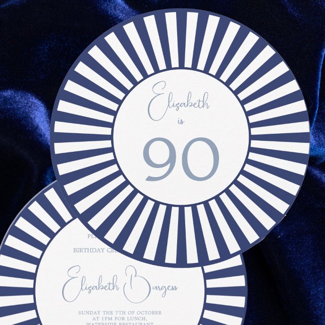 90TH Birthday Blue White Stripe Stylish Round  Invitation (Creator Uploaded)