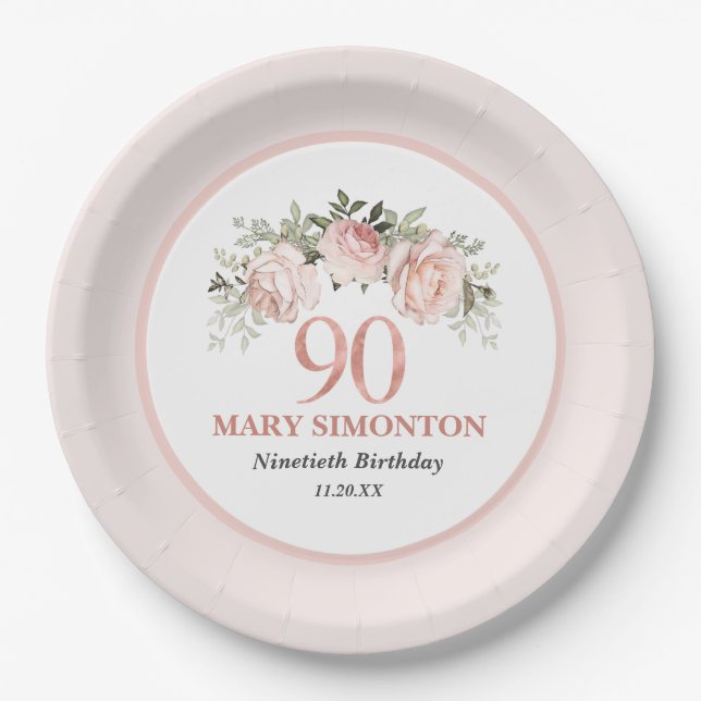 90th Birthday Blush Pink Floral Elegant Feminine Paper Plates (Front)