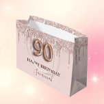 90th birthday blush pink glitter drips rose gold large gift bag<br><div class="desc">Elegant, classic, glamorous and girly for a 90th birthday party. A blush pink background. Decorated with rose gold, pink faux glitter drips, paint dripping look. Personalize and add a name. With the text: Happy Birthday. The name is written with a modern dark rose colored hand lettered style script. Number 90...</div>