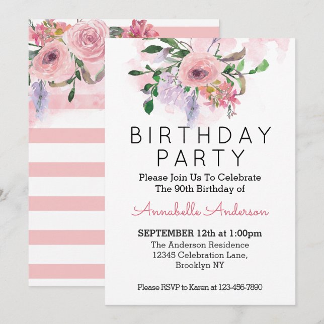 90th Birthday Blush Pink Rose Floral Watercolor Invitation (Front/Back)