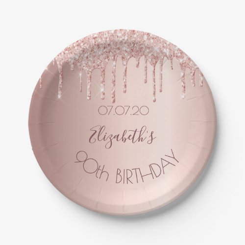 90th birthday blush rose gold glitter drips name paper plates
