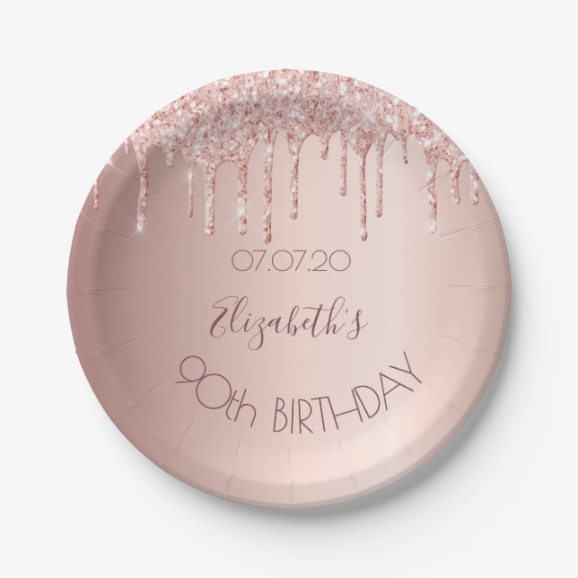 90th birthday blush rose gold glitter drips name paper plates (Front)