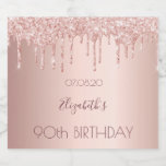 90th birthday blush rose gold glitter drips name sparkling wine label<br><div class="desc">A sparkling wine bottle label for a girly and glamorous 90th birthday party. A faux rose gold metallic looking background with an elegant faux rose gold glitter drips, paint drip look. The text: The name is written in dark rose gold with a large modern hand lettered style script. Template for...</div>