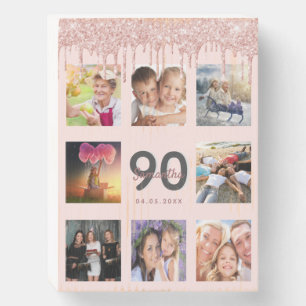 90th birthday blush rose gold glitter name photo wooden box sign