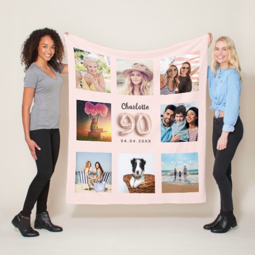 90th birthday blush rose gold photo collage name  fleece blanket