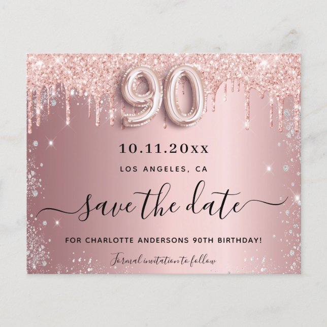 90th birthday blush silver budget save the date flyer (Front)