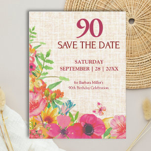 90th Birthday Bold Floral Linen Save The Date Announcement Postcard