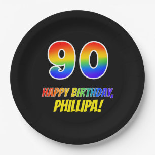 90th Birthday: Bold, Fun, Simple, Rainbow 90 Paper Plates