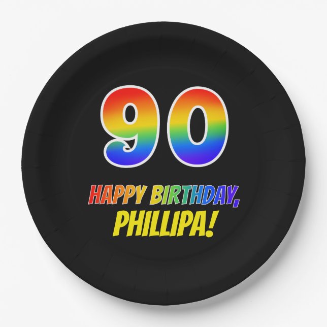90th Birthday: Bold, Fun, Simple, Rainbow 90 Paper Plates (Front)