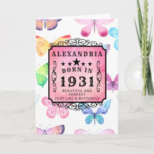90th Birthday Born 1931 Pink Watercolor Butterfly Card