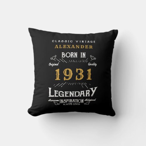 90th Birthday Born 1931 Retro Black Personalized Throw Pillow