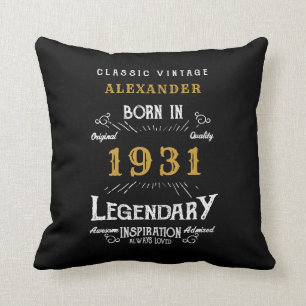 90th Birthday Born 1931 Retro Black Personalized Throw Pillow