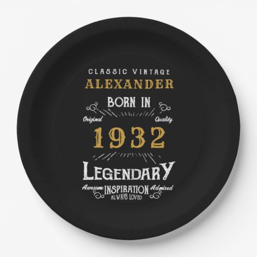 90th Birthday Born 1932 Vintage Black Add Name Paper Plates