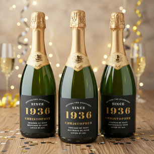 90th Birthday Born 1936 Add Name Black Gold Sparkling Wine Label