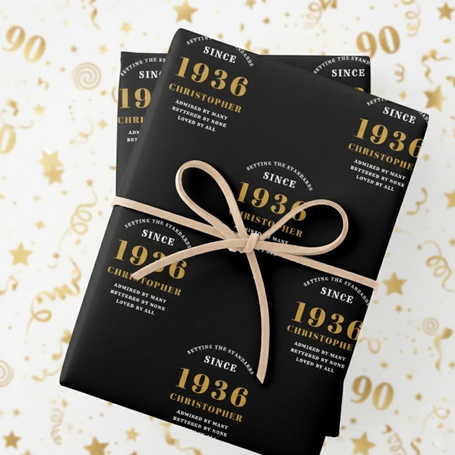90th Birthday born 1936 Add Name Black Gold Wrapping Paper Sheets (1936 wrapping paper. White and gold background.)