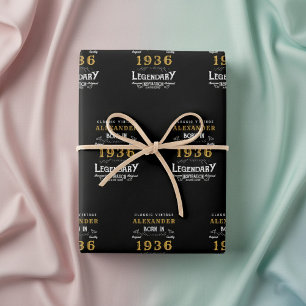 90th Birthday Born 1936 Legend Vintage Black Wrapping Paper Sheets