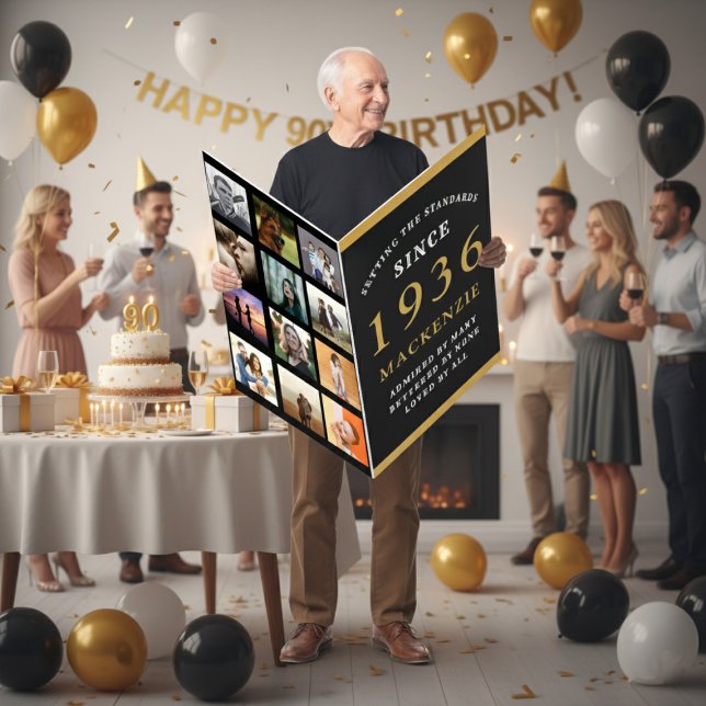 90th Birthday Born 1936 Photo Template Giant Dad Card (1936 large card held by a man with a party background.)