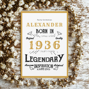 90th Birthday Born 1936 White Gold Legend Invitation