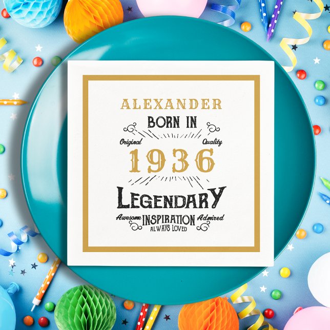 90th Birthday Born 1936 White Gold Legend Napkins (Born 1936 Napkin on a blue plate.)