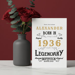 90th Birthday Born 1936 White Gold Retro Vintage Invitation