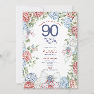 90th Birthday, Born on 4th July Patriotic Floral  Invitation