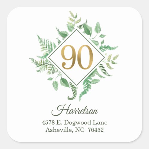 90th Birthday Botanical Return Address Square Sticker