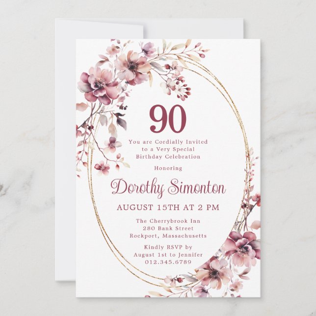 90th Birthday Burgundy Blush Pink Wildflower Invitation (Front)