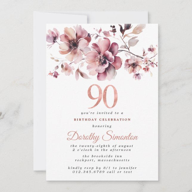 90th Birthday Burgundy Dusty Blush Pink Floral Invitation (Front)