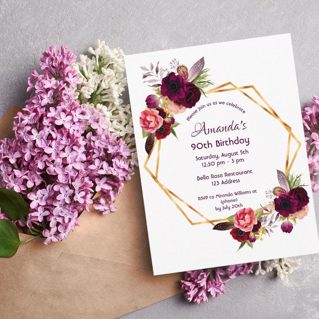 90th birthday burgundy floral gold invitation postcard (Creator Uploaded)