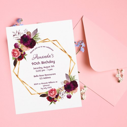 90th birthday burgundy floral gold invitation postcard